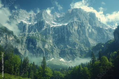 Majestic mountain landscape with dense green forest and snow capped peaks