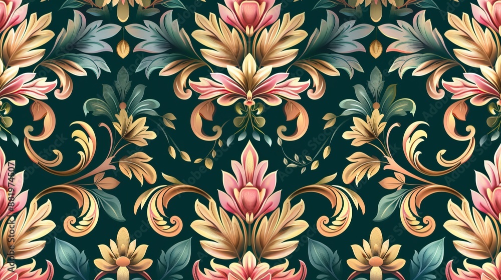 Elegant Damask Seamless Pattern: Luxurious Foliage with Curly Elements in Gold, Pink, and Green Tones Elegant Damask Seamless Pattern: Luxurious Foliage with Curly Elements in Gold, Pink, and Green Tones