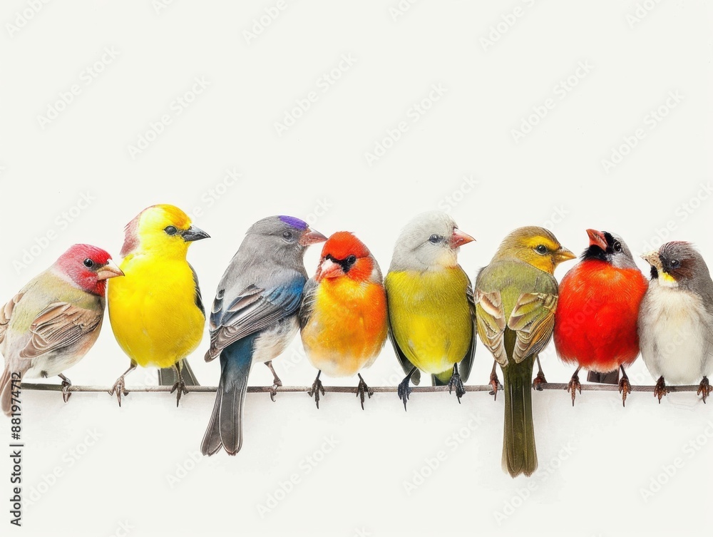 Birds of different species in a row, pure white background, watercolor style, soft tones, artistic Birds of different species in a row, pure white background, watercolor style, soft tones, artistic