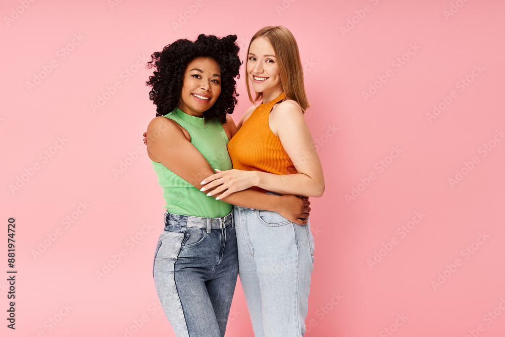 Two attractive diverse women in cozy attire share a heartfelt hug in front of a pink backdrop. Two attractive diverse women in cozy attire share a heartfelt hug in front of a pink backdrop.