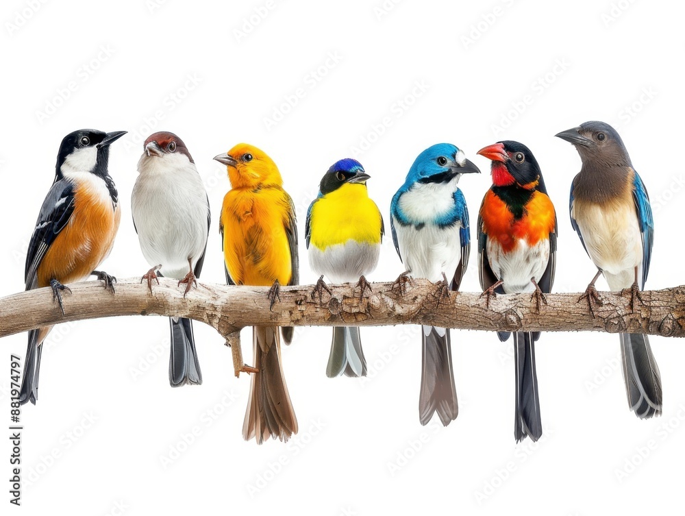 Obraz premium Group of various bird species, pure white background, realistic, high resolution, studio lighting, vibrant colors, sharp detail