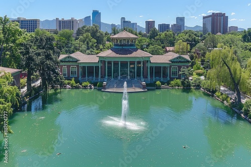 Aerial view of a beautiful park with a pond fountain and pavilion surrounded by lush trees and a cityscape in the background photo