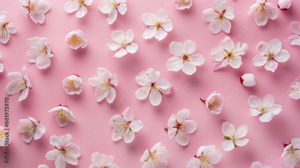 Elegant Flower Blossom Pattern on Soft Pink Background, Top View