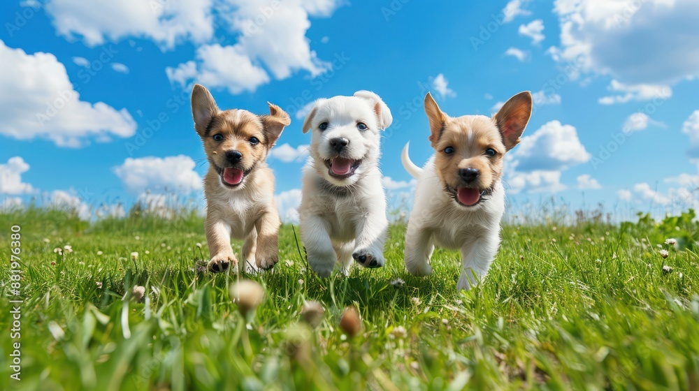 Puppy dogs running joyfully Puppy dogs running joyfully