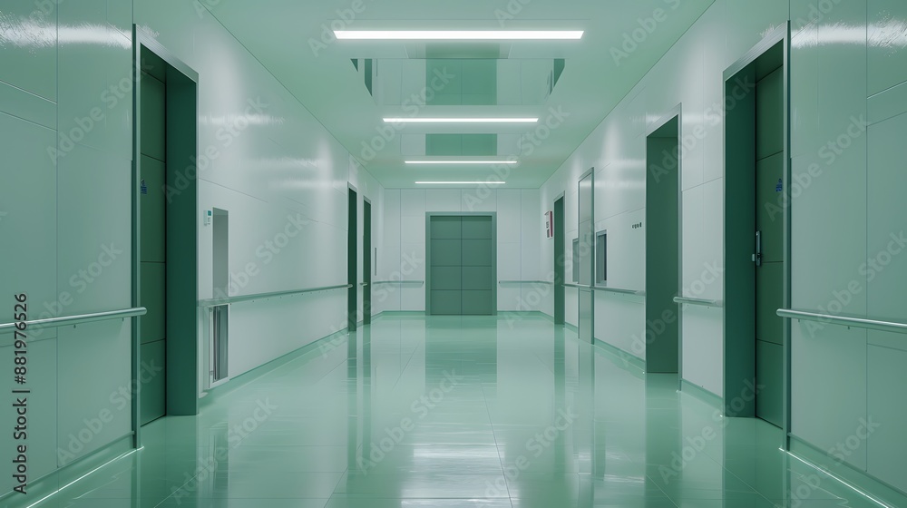 Empty white room seen through green doorway in modern hospital. Empty white room seen through green doorway in modern hospital.