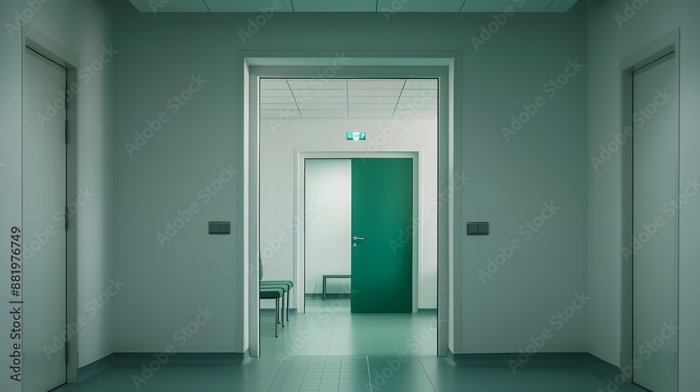Empty white room seen through green doorway in modern hospital. Empty white room seen through green doorway in modern hospital.
