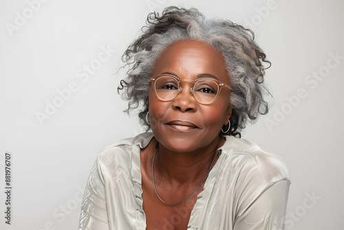 Closeup photo portrait of a happy beautiful elderly mature dark skin woman smiling isolated on white background