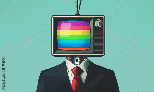 Surreal TV Head in Suit with Colorful Screen on Teal Background