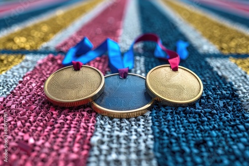 Three gold medals on colorful racetrack with blurred background photo