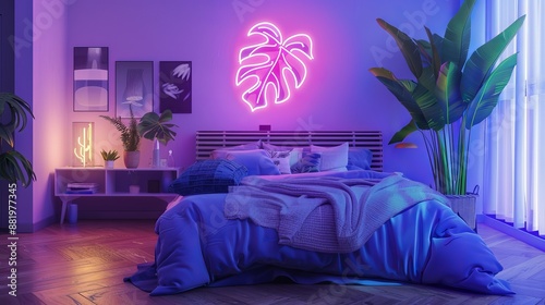 Neon Monstera light decorates a bedroom with a stylish look. Custom-made neon lights add a unique touch to your home decor. photo