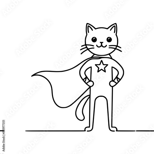 Stylized drawing of a standing superhero cat wearing a mask and a fluttering cape with a star on his chest, single line vector drawing with one black line on a white background