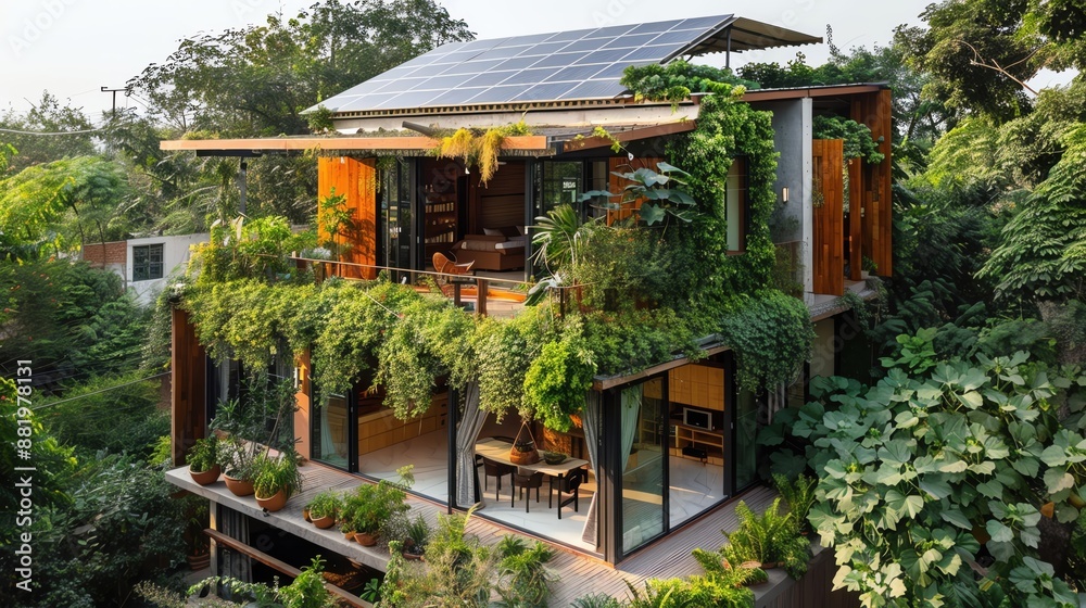Promote sustainable living with a cozy home surrounded by greenery and solar panels Promote sustainable living with a cozy home surrounded by greenery and solar panels