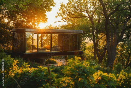 a futuristic ecohome nestled in a verdant forest its sleek glass walls reflecting the golden sunset minimalist design harmonizes with nature creating a serene sanctuary photo