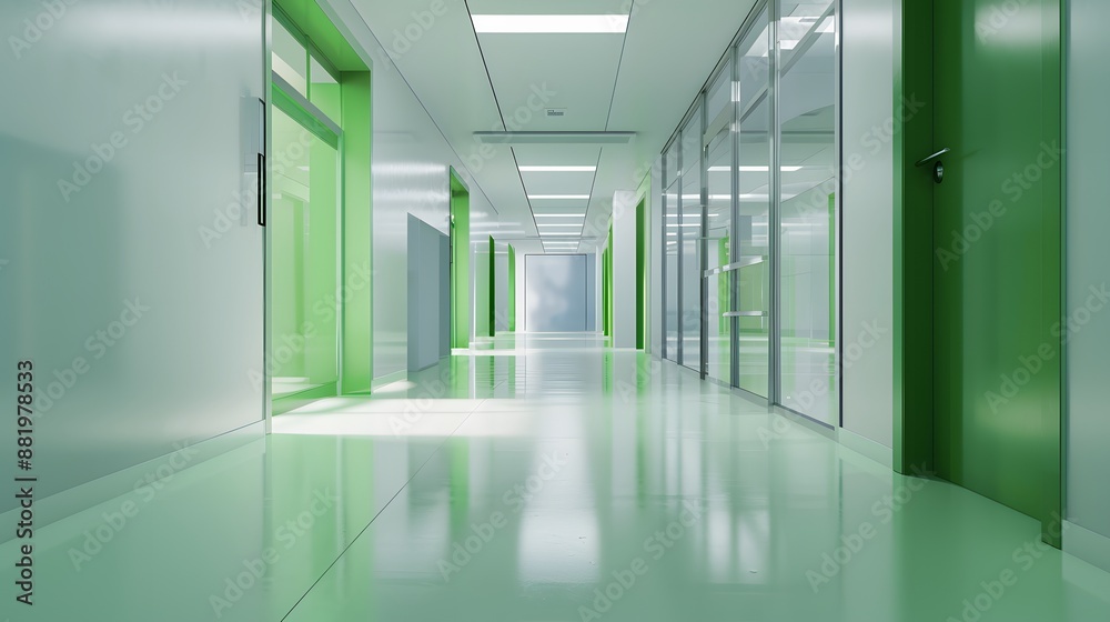 Empty white room seen through green doorway in modern hospital. Empty white room seen through green doorway in modern hospital.