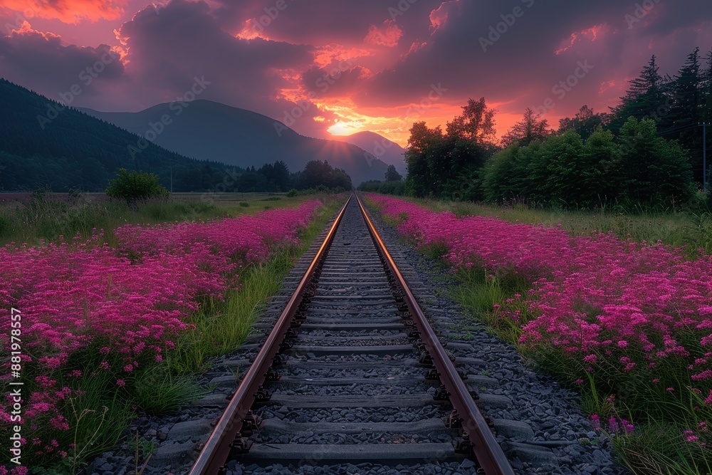 Fototapeta premium Railroad tracks through a vibrant field of pink flowers at sunset