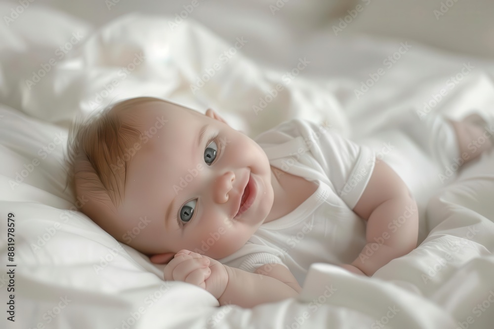 adorable baby in white onesie lying on pristine white bedding soft focus captures innocence and purity gentle lighting emphasizes tender moment perfect for heartwarming nursery art adorable baby in white onesie lying on pristine white bedding soft focus captures innocence and purity gentle lighting emphasizes tender moment perfect for heartwarming nursery art