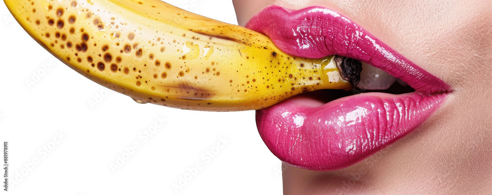 Obraz premium The hot photo of girl lower face going to lick a banana she holds. Transparent background or PNG file.