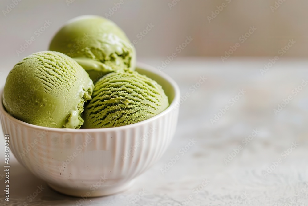artisanal matcha ice cream scoop in minimalist white ceramic bowl vibrant green hue and velvety texture highlighted against stark background artisanal matcha ice cream scoop in minimalist white ceramic bowl vibrant green hue and velvety texture highlighted against stark background