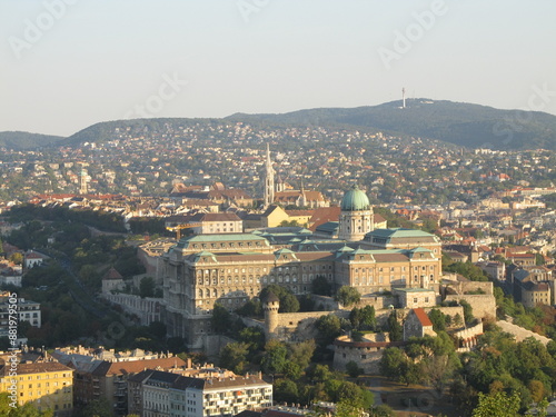 Panoramic view over Budapest with Royal Palace, Budavari Palota at sunrise photo