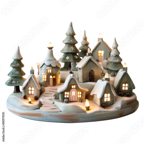 Enchanting miniature Christmas village illuminated with warm lights, featuring snow-covered houses and evergreen trees, creating a festive holiday scene.