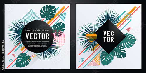 Green leaves, triangle, circle, square, rhombus shapes geometry frame templat...