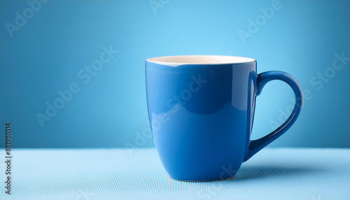 Blue ceramic cup against blue backdrop. Drink ware. Mug for hot beverage. Mock-up.