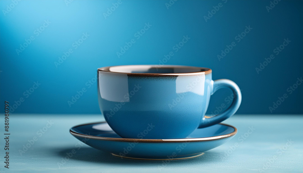 Blue ceramic cup against blue backdrop. Drink ware. Mug for hot beverage. Mock-up. Blue ceramic cup against blue backdrop. Drink ware. Mug for hot beverage. Mock-up.