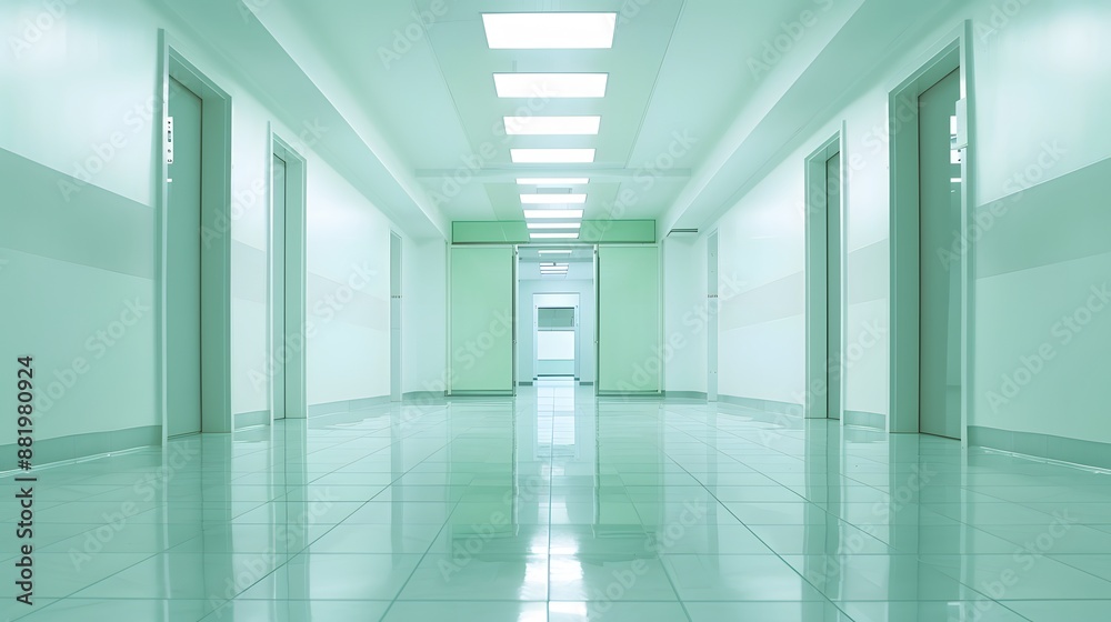 Empty white room seen through green doorway in modern hospital. Empty white room seen through green doorway in modern hospital.