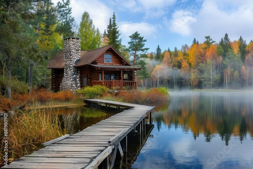 cozy log cabin nestled by a serene lake featuring a rustic stone fireplace and wooden dock extending into calm waters exuding warmth and tranquility photo