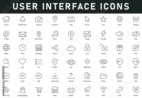 User Interface Icons vector illustration with thin line editable stroke contains home, notification, camera, location, phone, WIFI, shop, download, add, eye, love, search, cloud, edit, lock, share