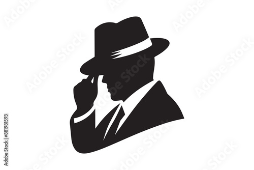 MAFIA logo character silhouette man head in hat. detective mafia silhouette hat spies