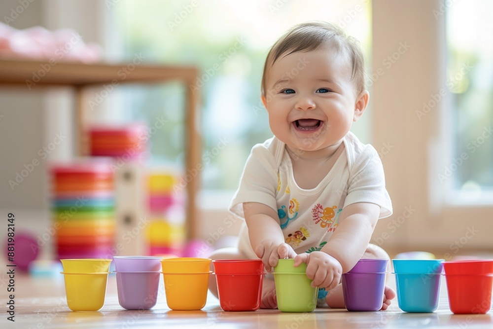 A Cheerful Baby Playing with Colorful Cups A Cheerful Baby Playing with Colorful Cups