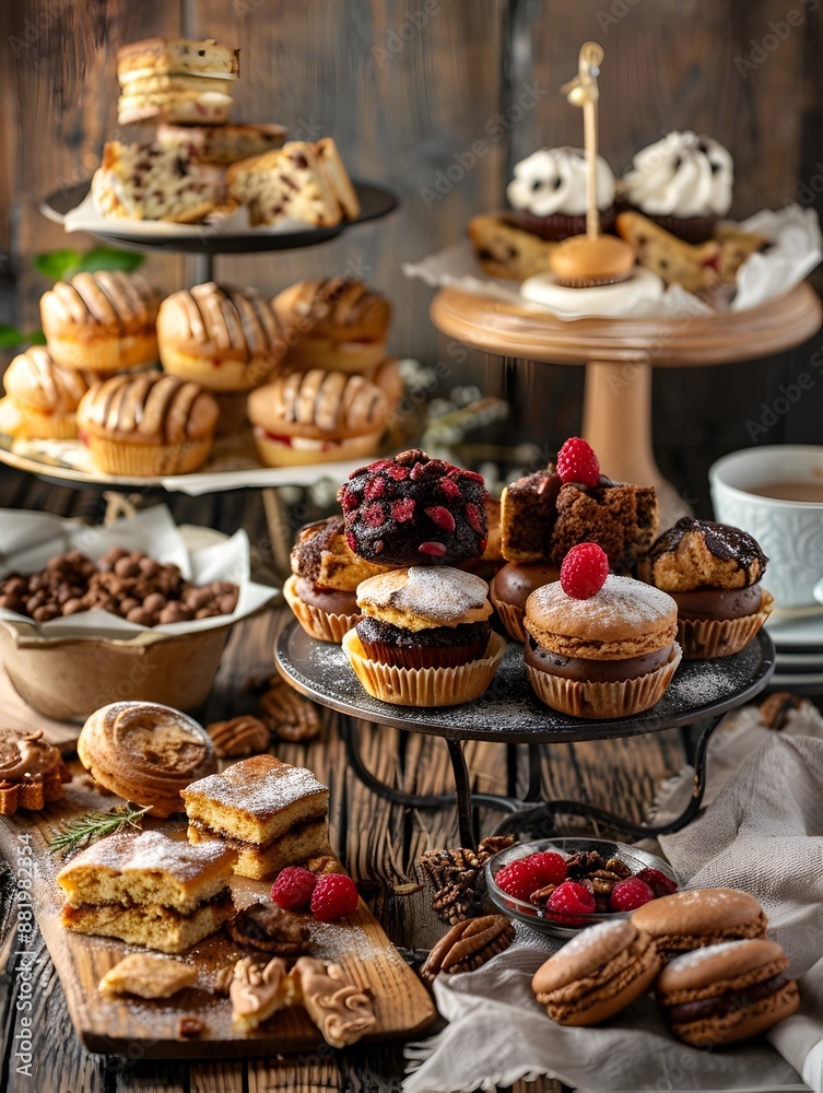 Assortment of Delectable Gluten free Baked Goods on Minimalist Wooden Display Assortment of Delectable Gluten free Baked Goods on Minimalist Wooden Display