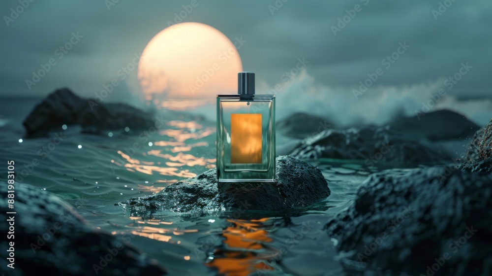 Product photography scene with a bottle of Green perfume placed on a dark grey rocky water surface Product photography scene with a bottle of Green perfume placed on a dark grey rocky water surface