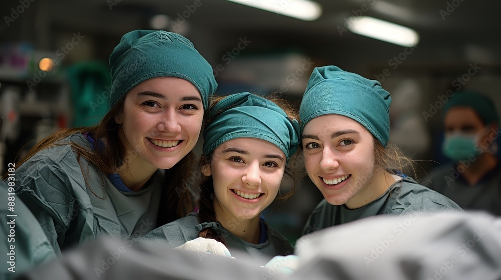 A focused group of healthcare professionals clad in surgical scrubs, caps, and masks engaged in a surgical procedure. A focused group of healthcare professionals clad in surgical scrubs, caps, and masks engaged in a surgical procedure.