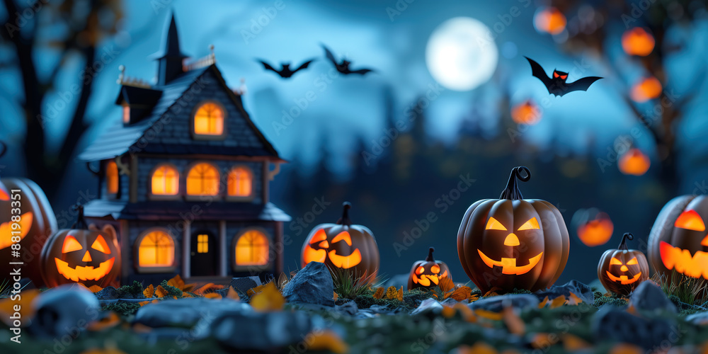 Haunted Halloween House with Glowing Jack-o'-Lanterns and Bats Under Full Moon Haunted Halloween House with Glowing Jack-o'-Lanterns and Bats Under Full Moon