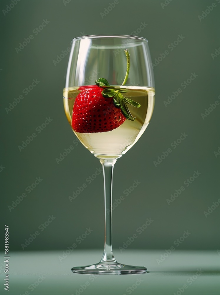 Single Glass of White Wine With a Strawberry Inside Single Glass of White Wine With a Strawberry Inside