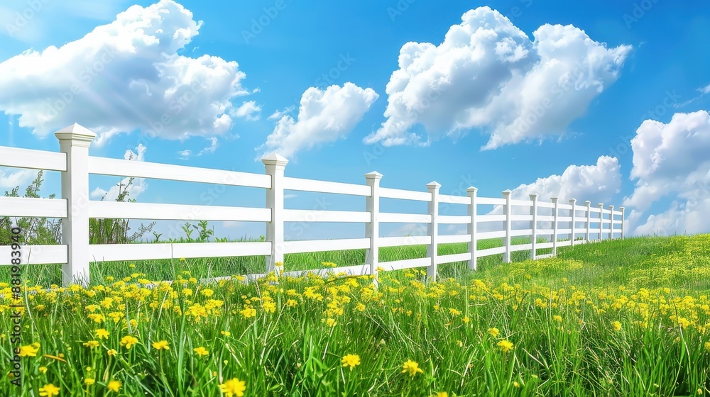 Fototapeta premium Fenced Grassland under Blue Sky .White fence and green grass garden on spring landscape