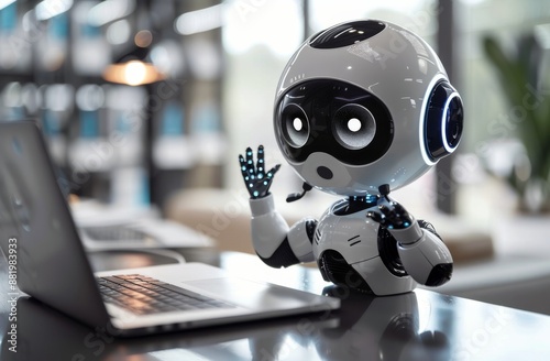 White Robot Using Laptop At Desk