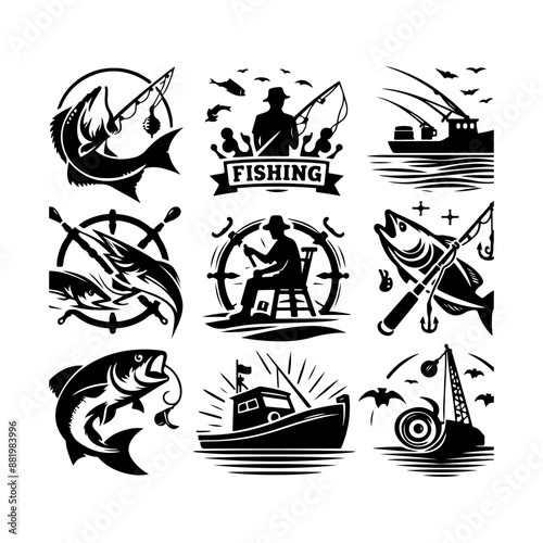 Fishing logo icon vector silhouette illustration