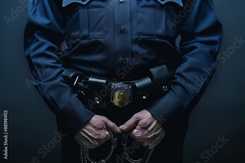 A professional police officer posing confidently, showcasing their badge and handcuffs. The high-quality photograph captures every detail of their uniform. © Jennie Pavl