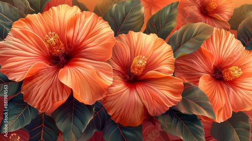 Wallpaper Mural Blooming Hibiscus Flowers with Green Leaves Torontodigital.ca