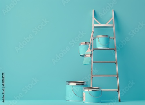 Silver Ladder and Blue Paint Cans Against a Light Blue Wall