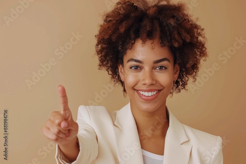 Smiling Woman Points With Both Hands