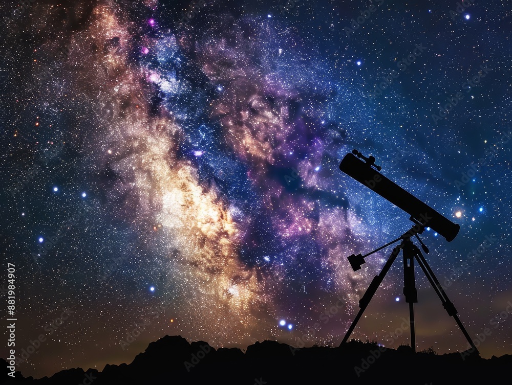 Astronomy Discovery, Telescope Silhouetted Against Spectacular Milky Way Night Sky in Deep Space Exploration. Astronomy Discovery, Telescope Silhouetted Against Spectacular Milky Way Night Sky in Deep Space Exploration.