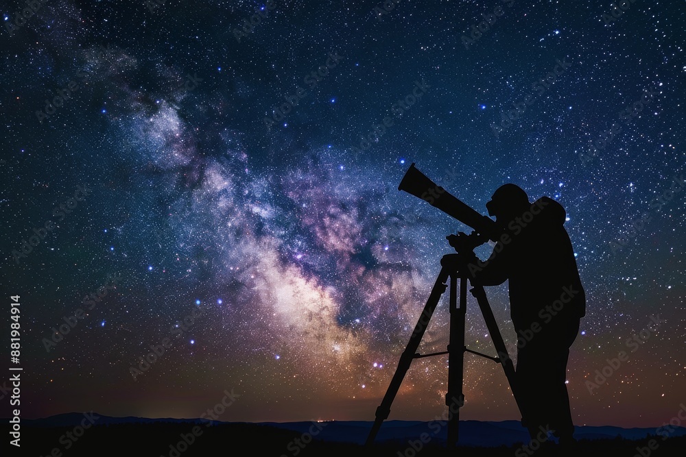 Discovering the Wonders of the Milky Way, Astronomer Observing the Celestial Beauty through a Telescope on a Clear Night Sky. Discovering the Wonders of the Milky Way, Astronomer Observing the Celestial Beauty through a Telescope on a Clear Night Sky.