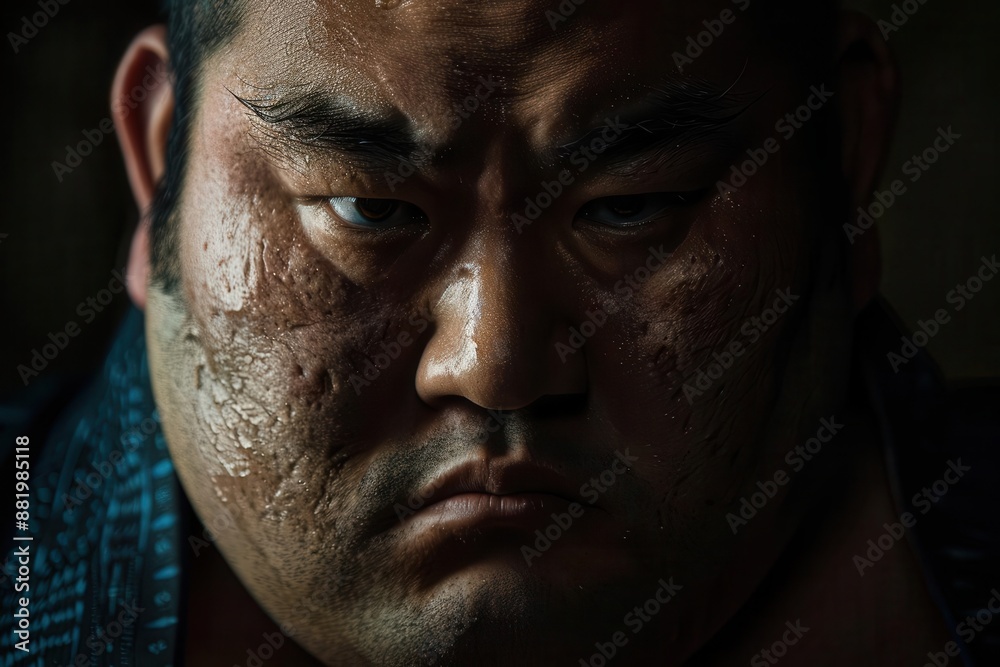 intense sumo wrestler portrait dramatic chiaroscuro lighting stoic expression traditional mawashi hyperdetailed skin texture against dark background intense sumo wrestler portrait dramatic chiaroscuro lighting stoic expression traditional mawashi hyperdetailed skin texture against dark background