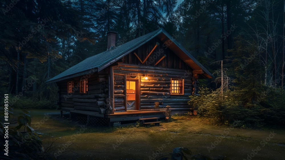 A cozy log cabin glows in the darkness of the night, its rustic exterior inviting warmth and comfort. A cozy log cabin glows in the darkness of the night, its rustic exterior inviting warmth and comfort.