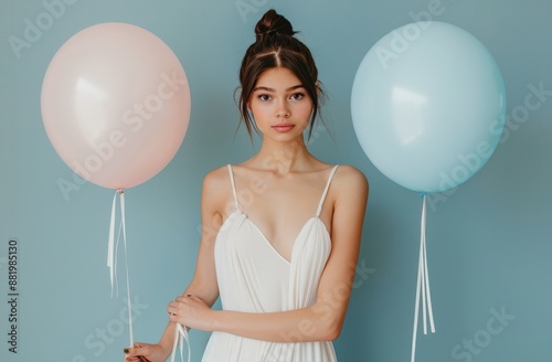 Young Woman Holding Pink and Blue Balloons in Front of a Light Blue Wall