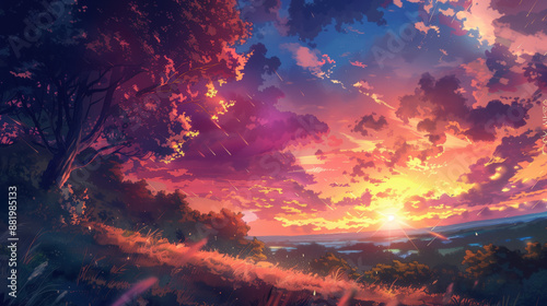 Stunning Sunset Over Lush Landscape With Dramatic Sky © Japanese_Brush